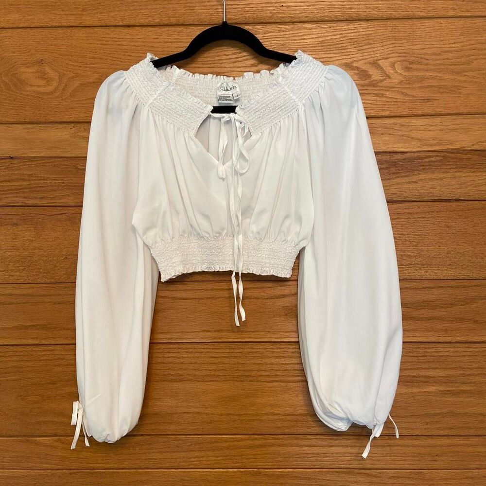Vintage 80s 90s Styleworks white puff sleeve off shoulder cropped blouse